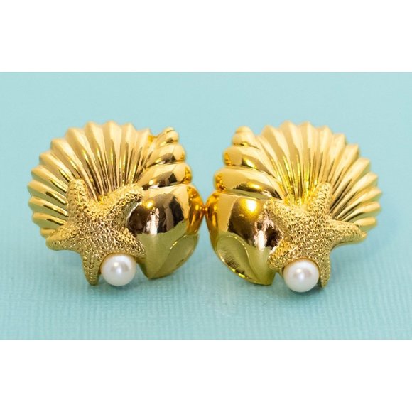 Vintage Seashell and Faux Pearls Clip On Earrings by Avon - E1 - Picture 2 of 3
